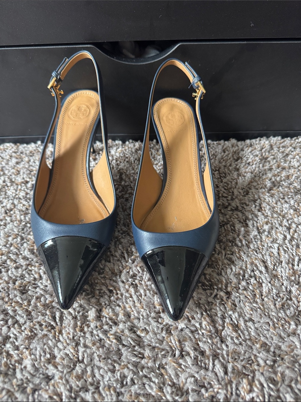 Tory Burch Navy Leather Slingback Pumps with Black Patent Toe